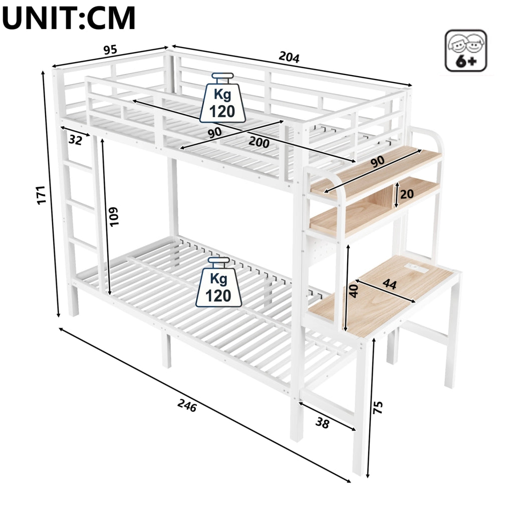 Letto a castello 90x200 cm in metallo con scrivania, mensole, luce LED, USB, con protezioni di sicurezza e scala, bianco
