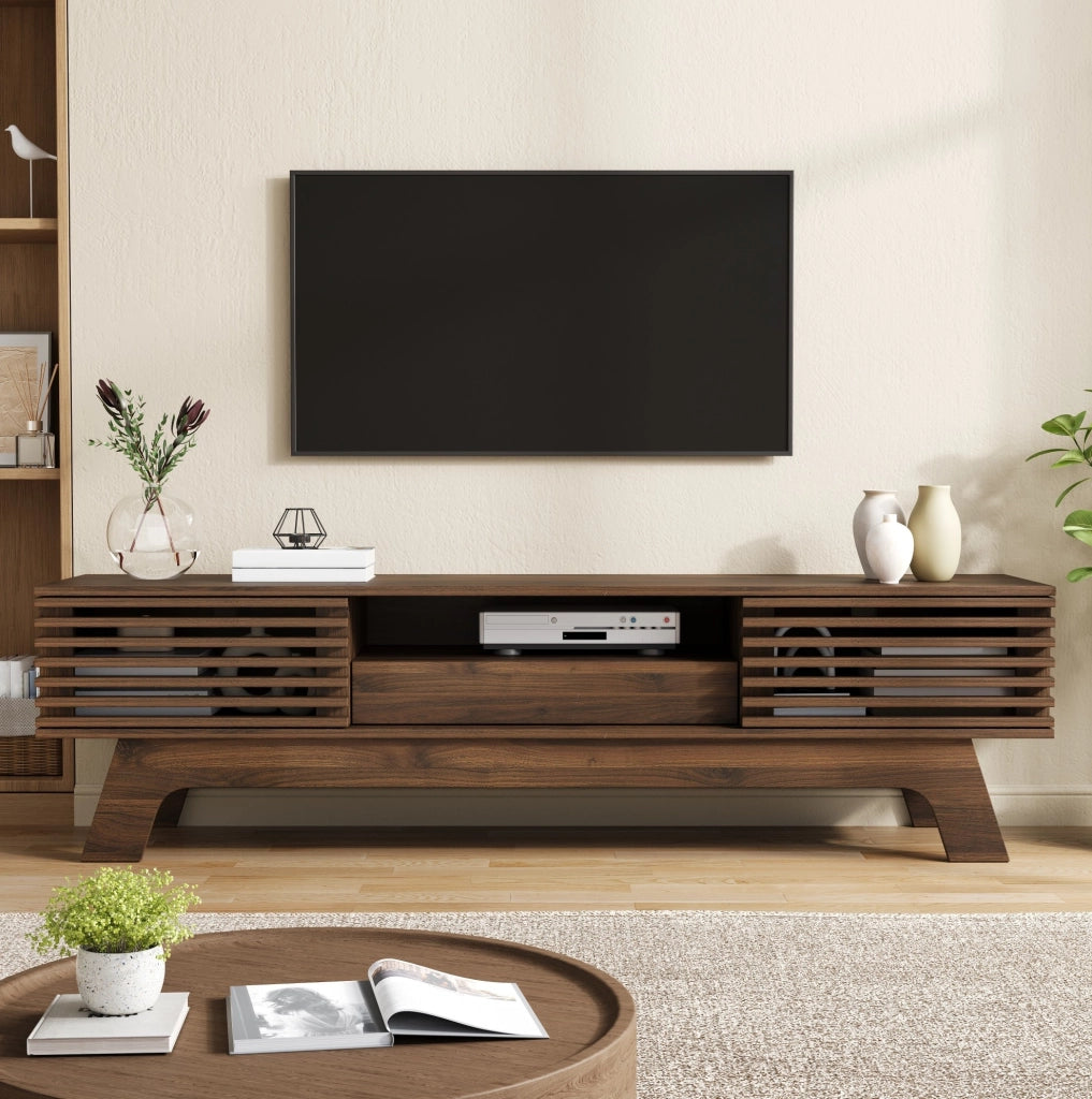 Mobile TV in MDF noce 150 cm con ante a lamelle e cassetto