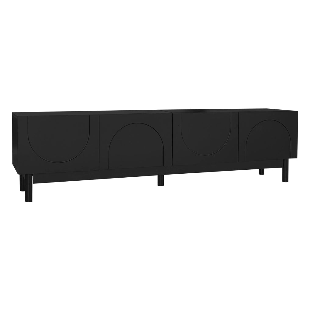 Mobile TV nero con ante curve, ripiani interni e gambe stabili 169x34x45,5 cm