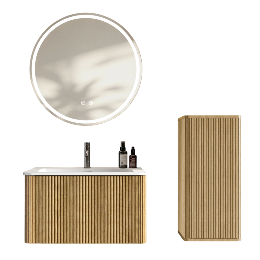 Mobile bagno con lavabo e specchio LED 80 cm rovere, sospeso con colonna laterale