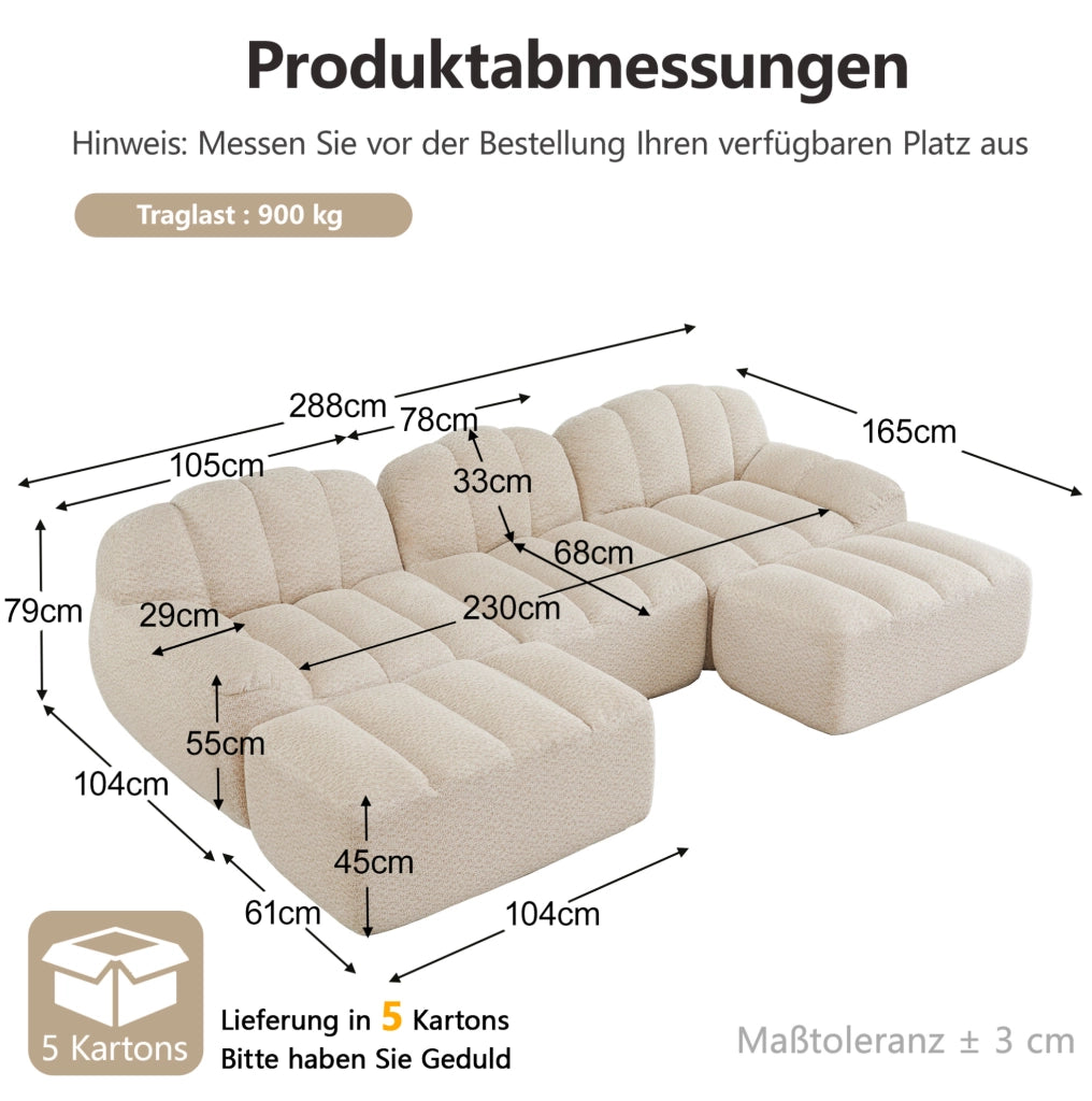 Divano modulare a U 288x165 cm beige in tessuto, 2 pouf, senza montaggio