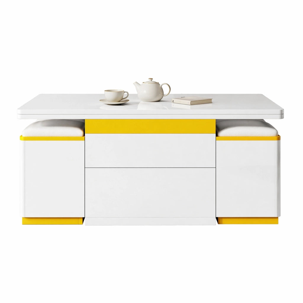 Tavolino elevabile 100x50x43 cm in MDF e PB bianco e giallo con vani