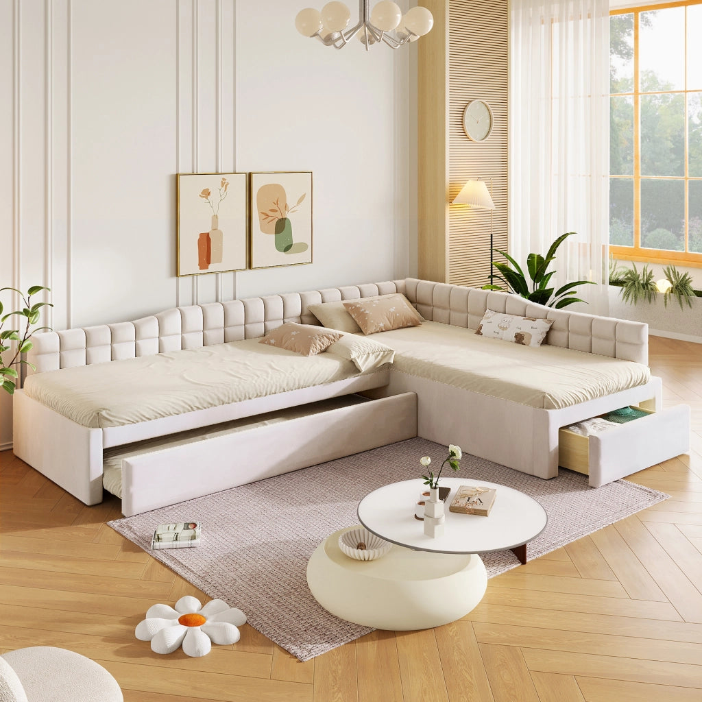 Letto imbottito angolare 90x200 cm beige con letto estraibile