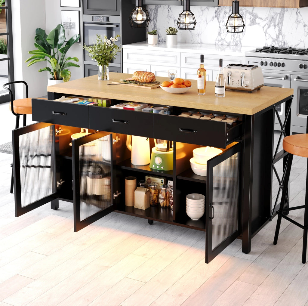 Isola cucina industriale con 3 cassetti e ante in vetro, piano in legno 150x80x90 cm, illuminazione LED, piedi regolabili nero-naturale