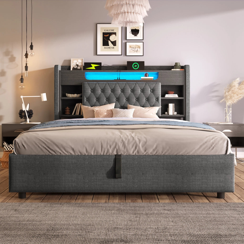 Letto matrimoniale 140 × 190 cm con contenitore idraulico LED USB C in lino grigio con testiera a ripiani