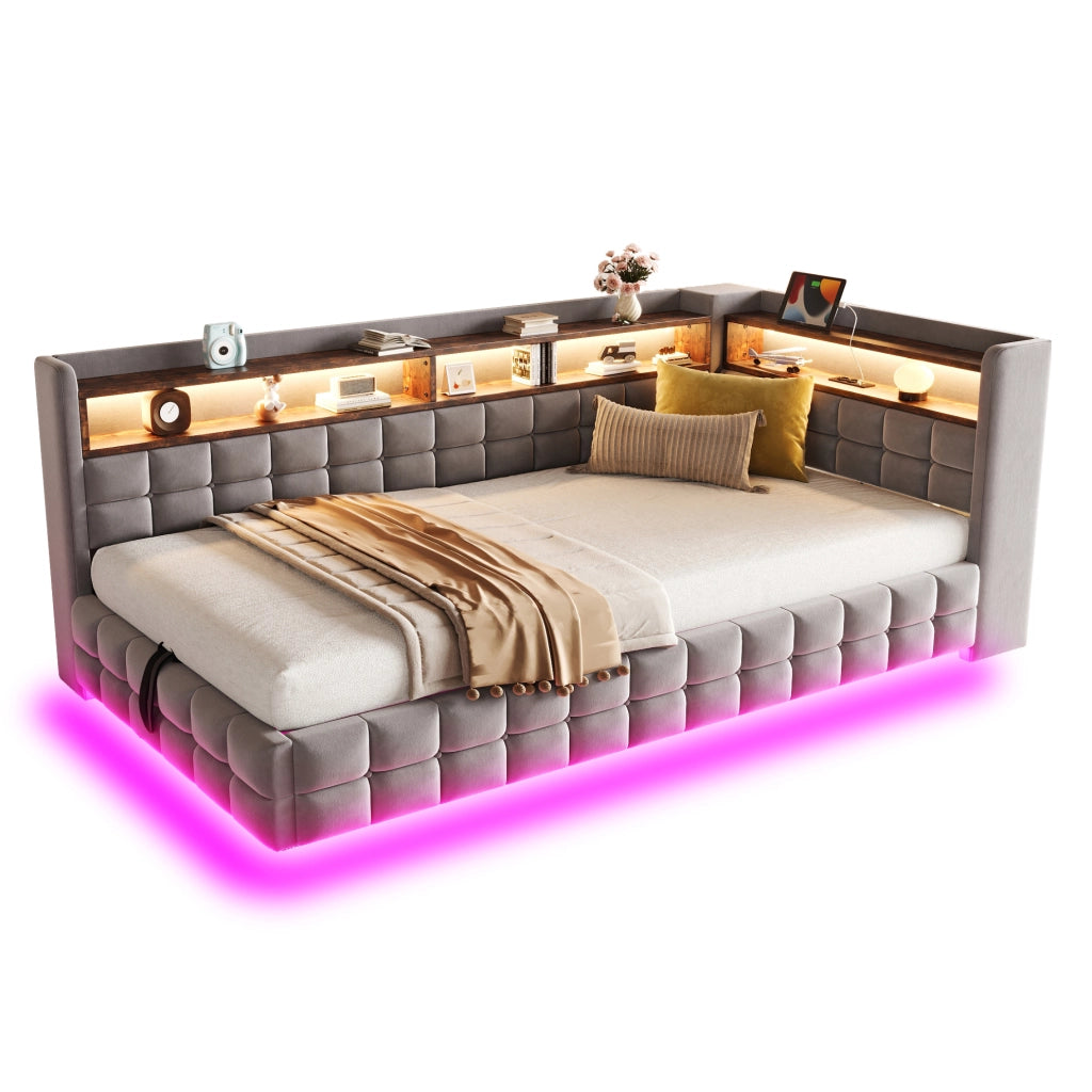 Divano letto imbottito 90 × 200 cm grigio chiaro con contenitore e LED