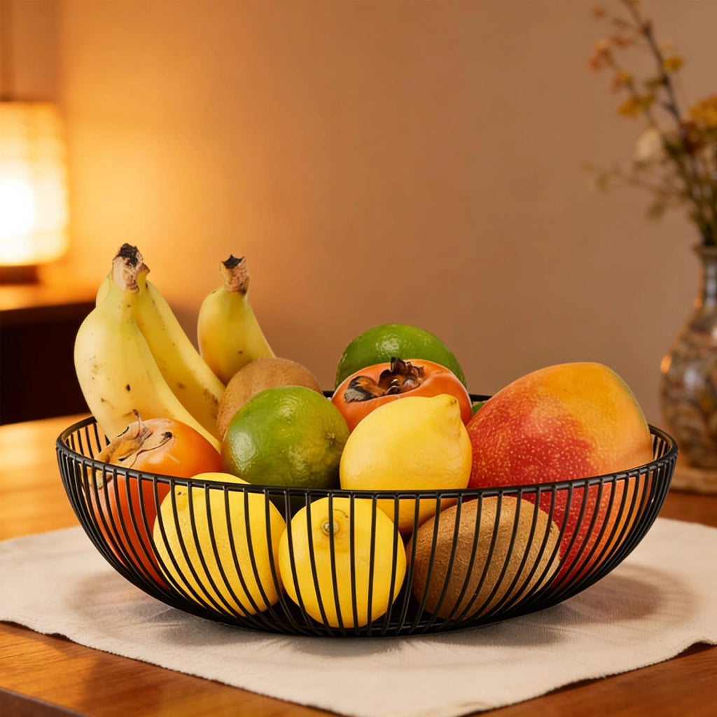 Ciotola per frutta in metallo, 28x8 cm, nera, design aperto