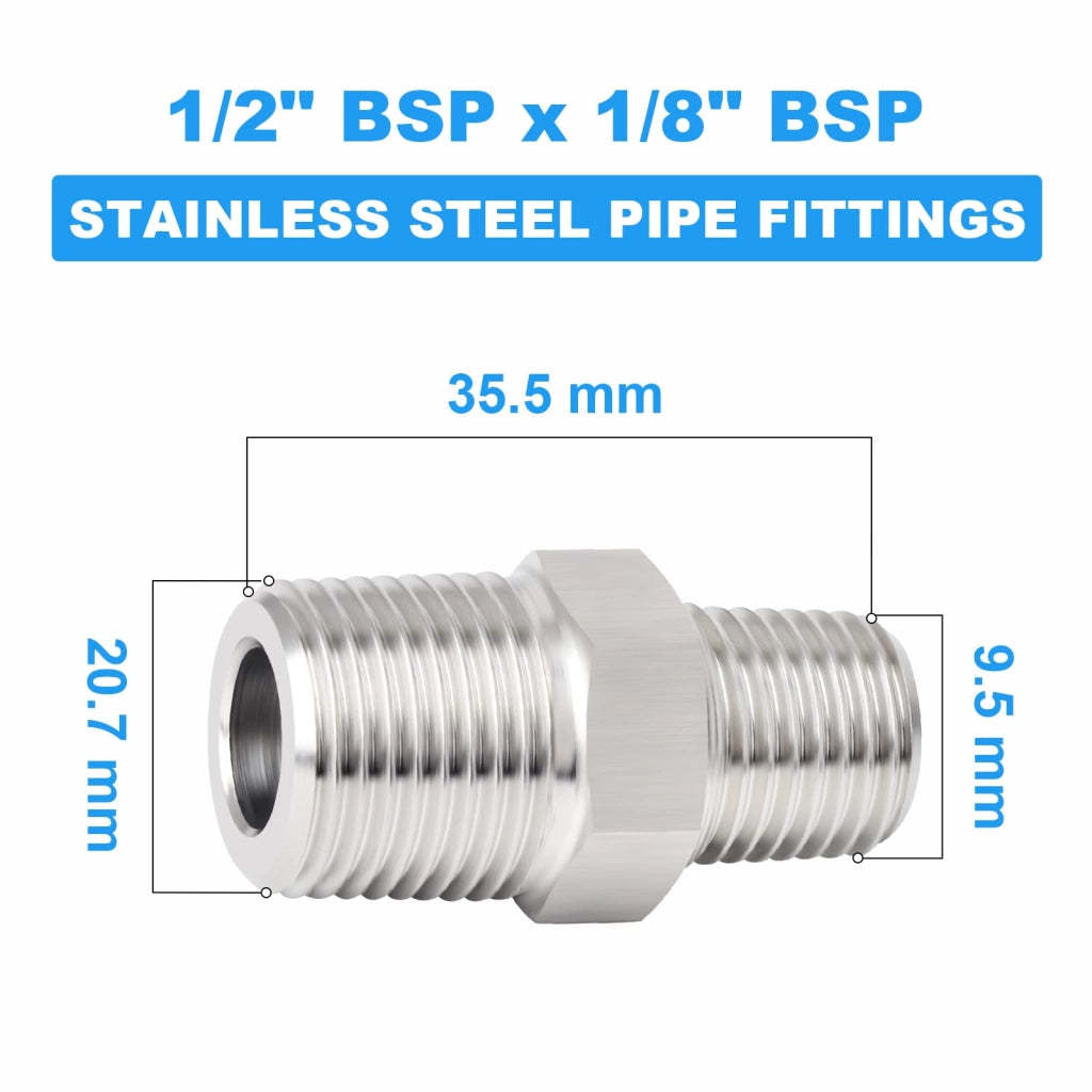 Riduttore a sesto esagono 1/2" x 1/8" BSP, 2 pezzi, acciaio inossidabile