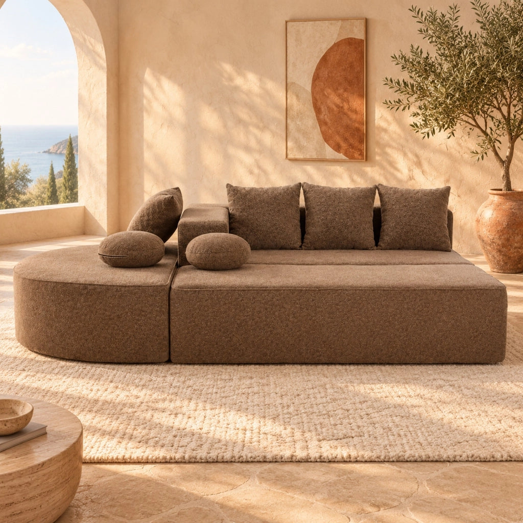 Divano modulare convertibile 263x171x66 cm in ciniglia marrone senza montaggio