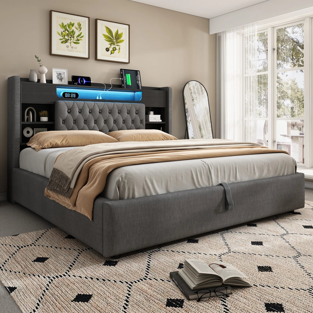 Letto matrimoniale 140 × 190 cm con contenitore idraulico LED USB C in lino grigio con testiera a ripiani