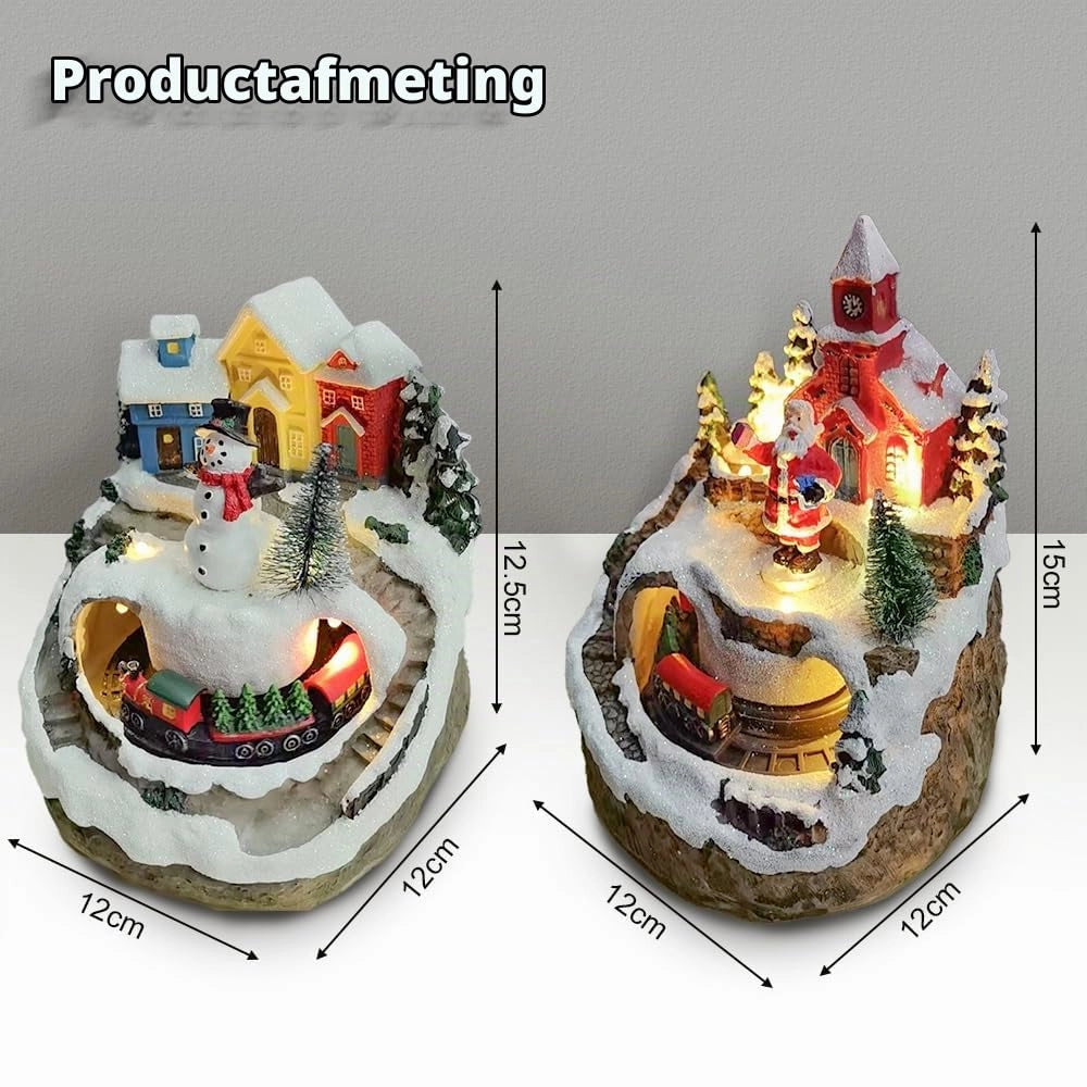Villaggio natalizio illuminato, con musica e trenino, realizzato in resina, dimensioni 12x12x14 cm