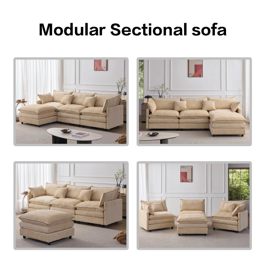Divano angolare modulare 3 posti con pouf mobile; struttura stabile; ciniglia caffè chiaro