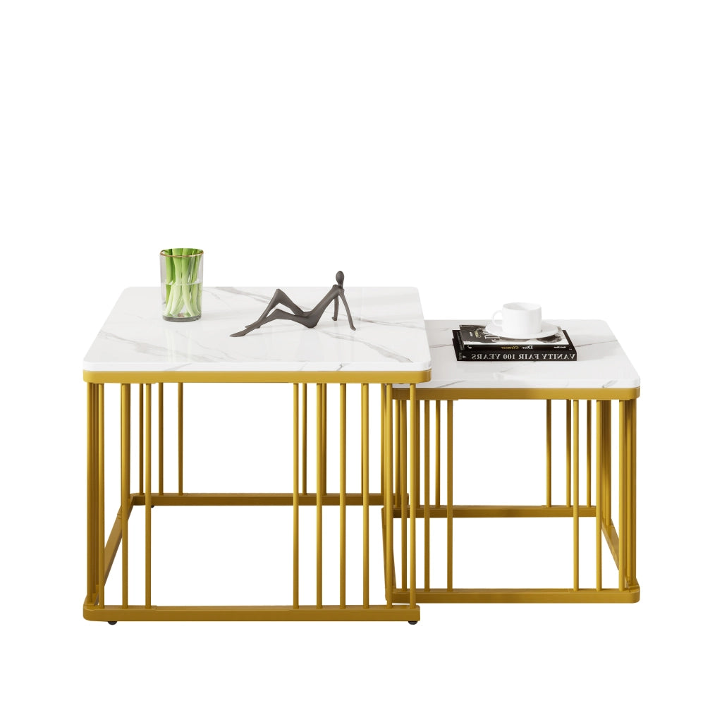 Tavolini da salotto quadrati set di 2 in MDF bianco effetto marmo lucido con gambe dorate regolabili e sovrapponibili