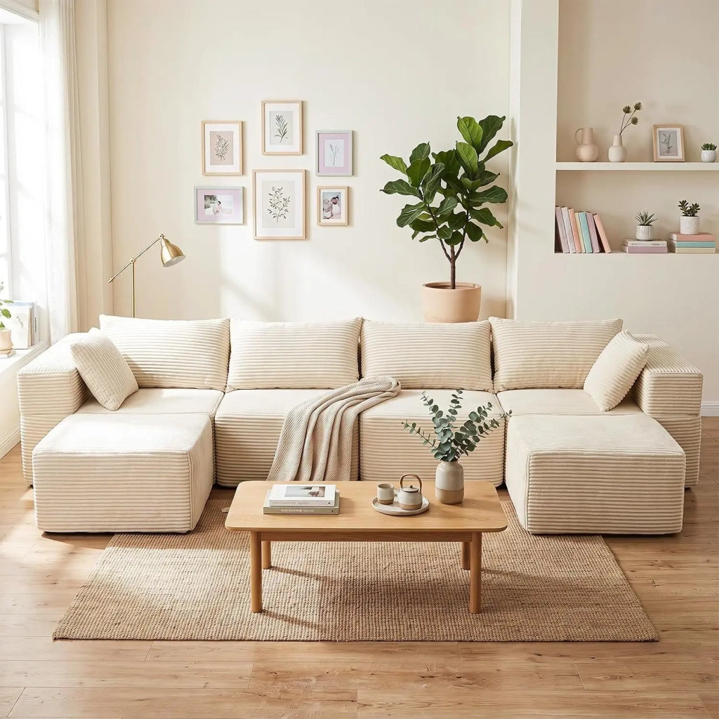Divano modulare angolare a forma di U e L in velluto a coste, sfoderabile, design moderno per casa, 333 × 150 × 58 cm