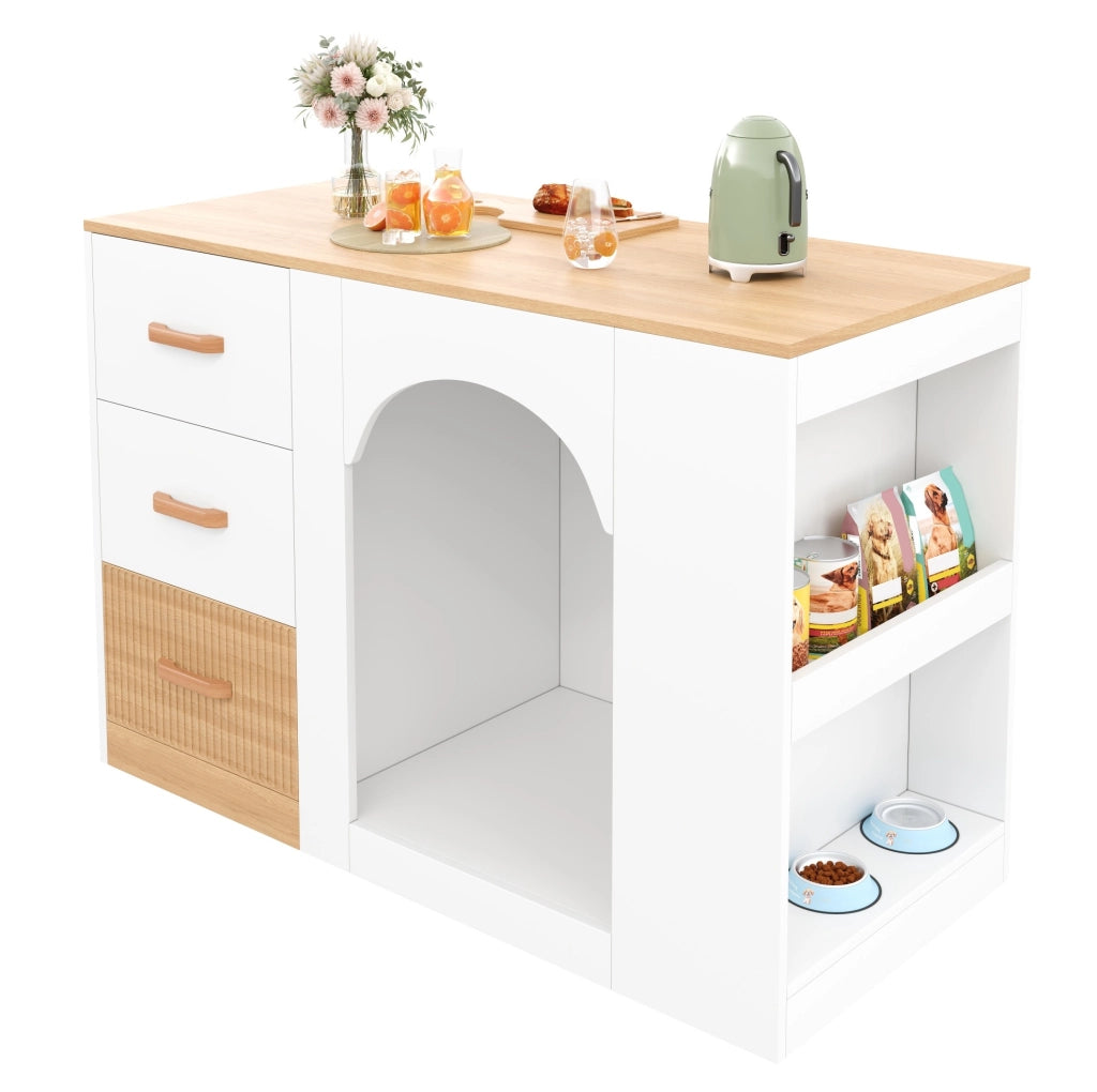 Isola da cucina con 3 cassetti e spazio per animali, bianca, 120 x 60 x 90 cm