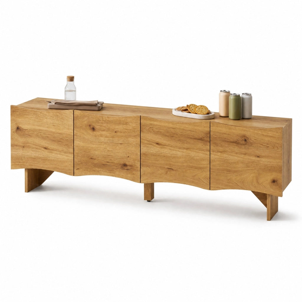 Mobile TV 155 cm effetto legno naturale, 4 ante ondulate, passacavi