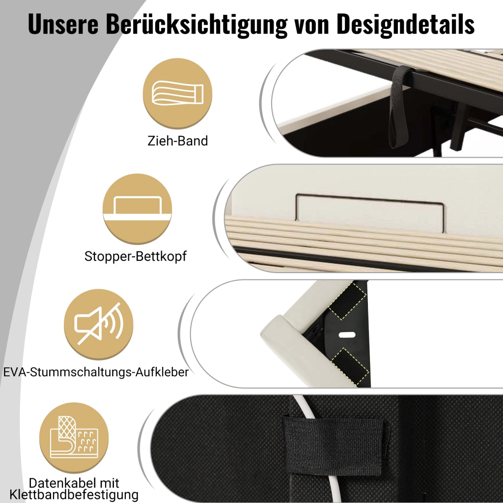 Letto matrimoniale contenitore 160 × 200 cm con LED controllabile tramite app e ricarica USB C in PU bianco