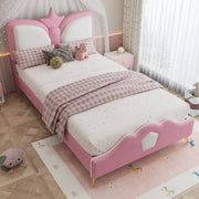 Letto singolo imbottito per bambini 90x200 cm con testiera a corona in PU rosa e bianco