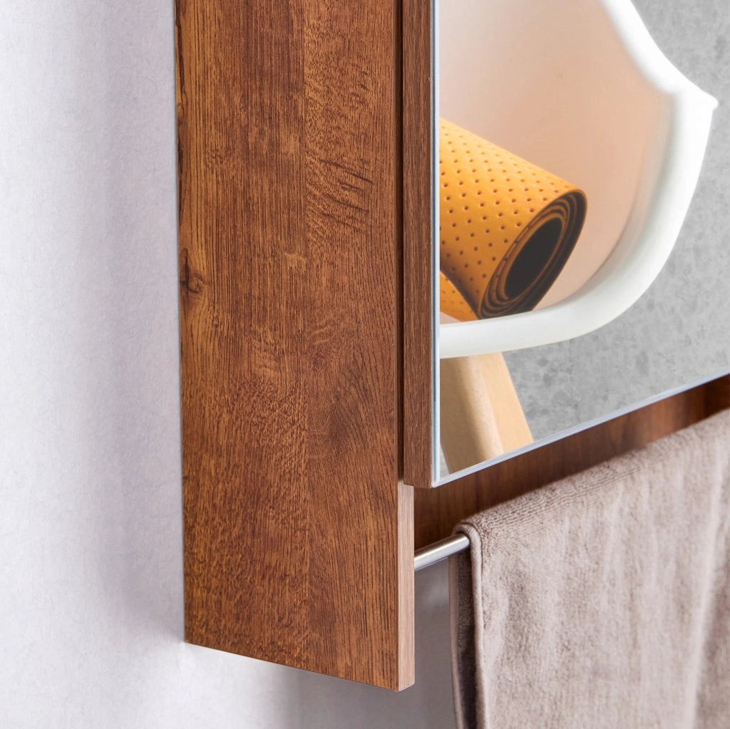 Armadio bagno a parete color noce in MDF con specchio e ripiani aperti