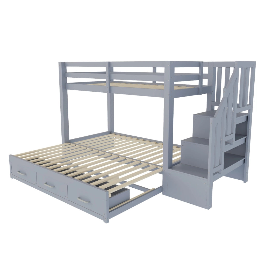 Letto a castello ULEVR 90x200 cm con letto estraibile 90/180x190 cm, 3 cassetti e scala contenitore, grigio