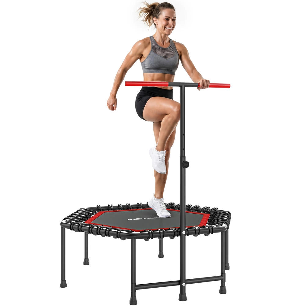 Trampolino fitness 114 cm con maniglia regolabile a 3 altezze e corde elastiche, trampolino elastico silenzioso da interno, rosso