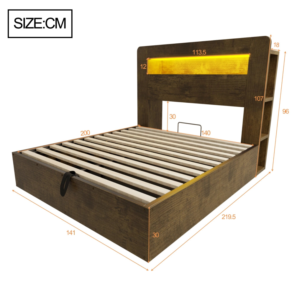 Letto contenitore 140 × 200 cm con sollevamento idraulico testiera con LED prese e vani in legno vintage