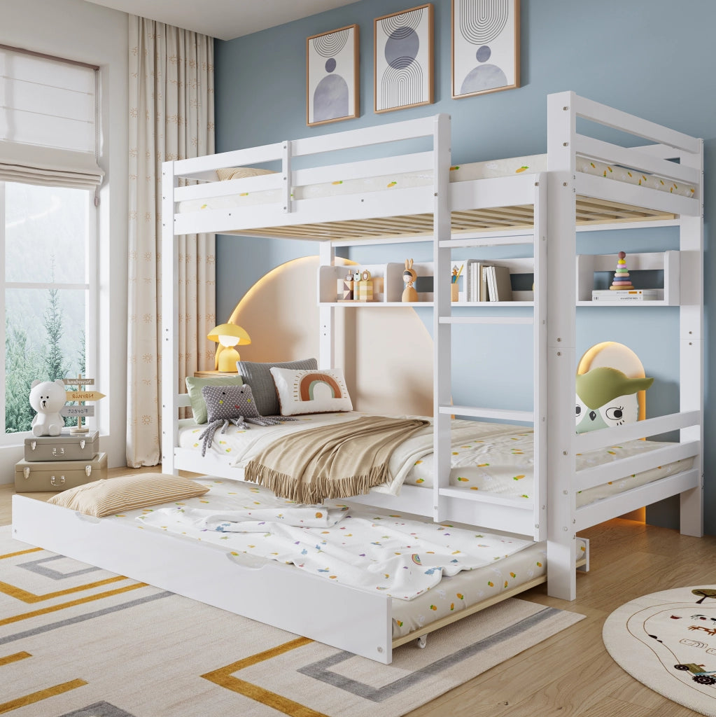 Letto a castello per bambini con letto estraibile; scaffale da 2 metri e scala; bianco; 90x200 cm