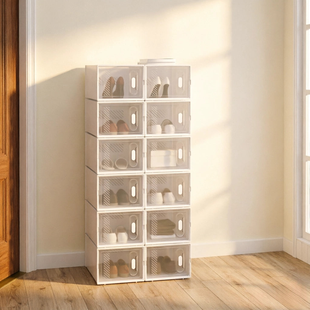 Scatole portascarpe impilabili set da 12 trasparenti e bianche 25 × 18,5 × 35,5 cm in plastica con apertura frontale