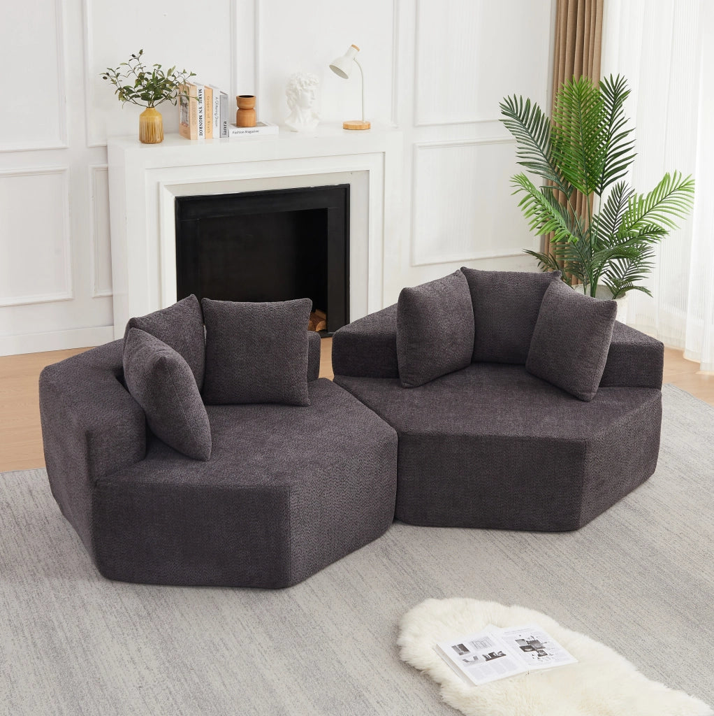 Poltrona modulare esagonale 138x122x76 cm in ciniglia grigia con 3 cuscini