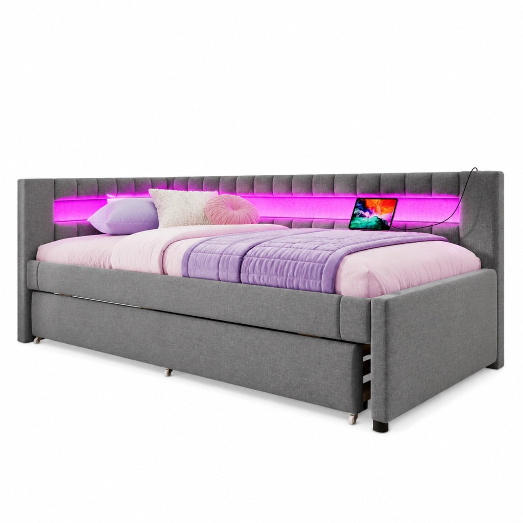 Letto con letto estraibile 90 × 200 cm con LED USB e Type-C in lino e MDF grigio