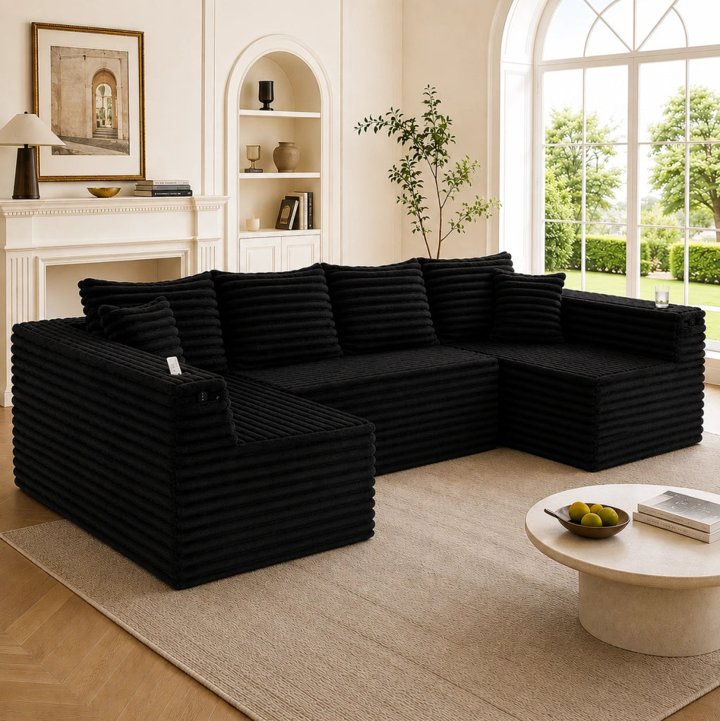 Divano modulare a U 320x155x88 cm in tessuto nero con portabicchieri