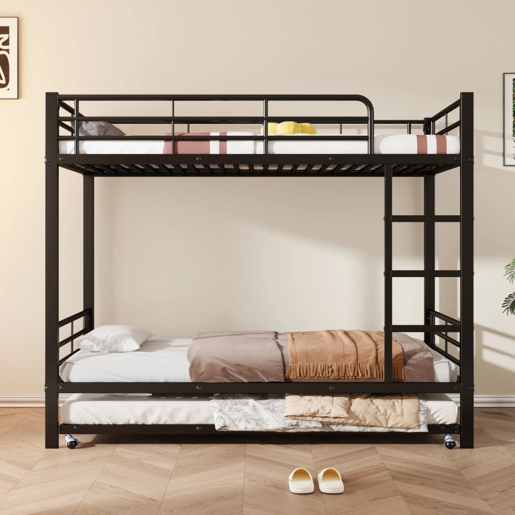 Letto a castello con letto estraibile in metallo nero 90 × 200 cm e 90 × 190 cm con scala a tre gradini