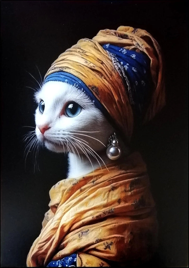 Stampa su legno raffigurante un gatto con orecchini di perle, dimensioni 30x21 cm