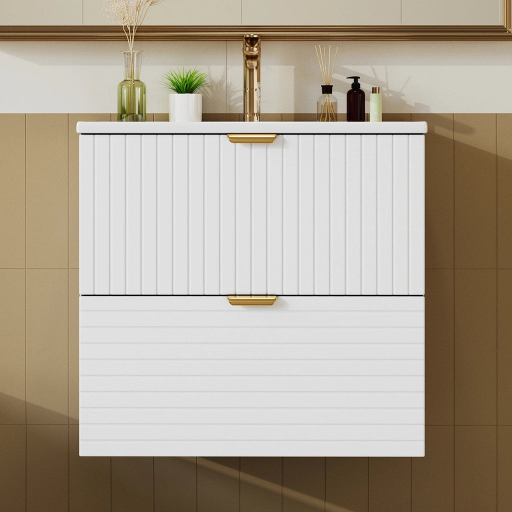 Mobile lavabo sospeso 61 × 46 × 57 cm con due cassetti silenziosi in MDF laccato bianco e lavabo in ceramica