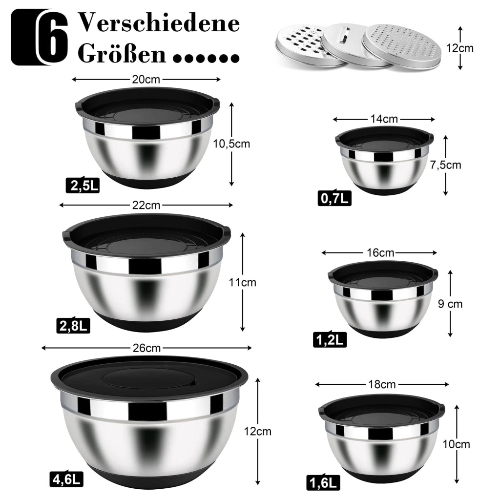 Set di ciotole da mescolare, 6 pezzi, in acciaio inossidabile nero, con inserti grattugia
