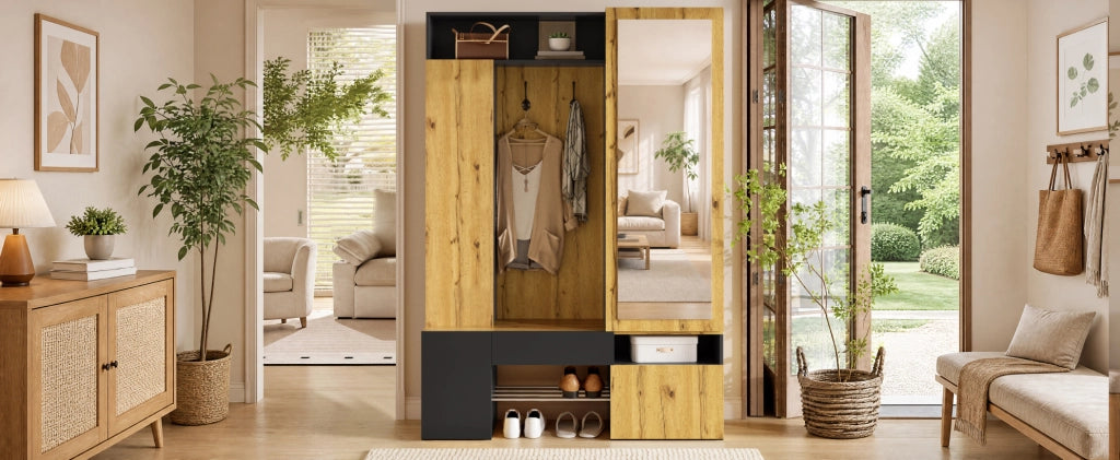 Mobile da ingresso in MDF con specchio e scarpiera nero e naturale