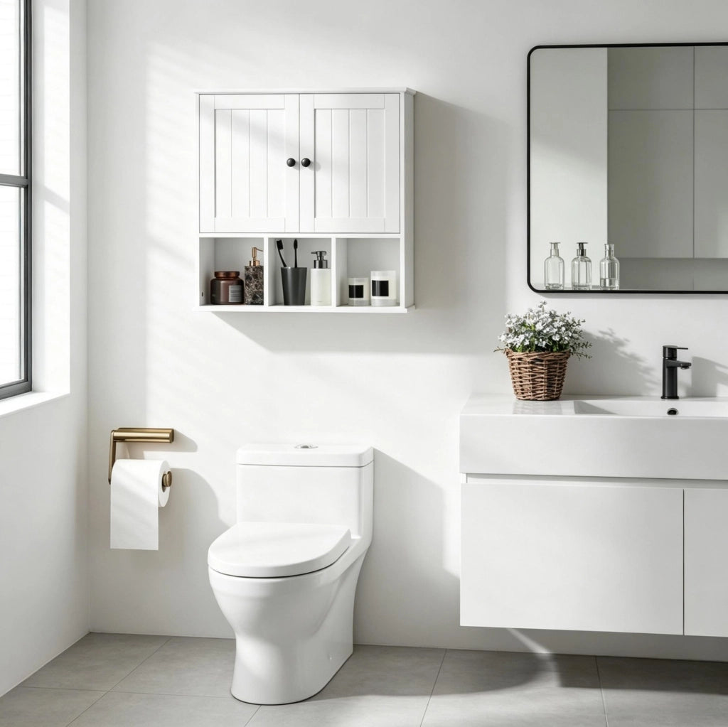Mobile da bagno a parete in MDF bianco con 2 ante e ripiano regolabile, 60x19,5x60 cm