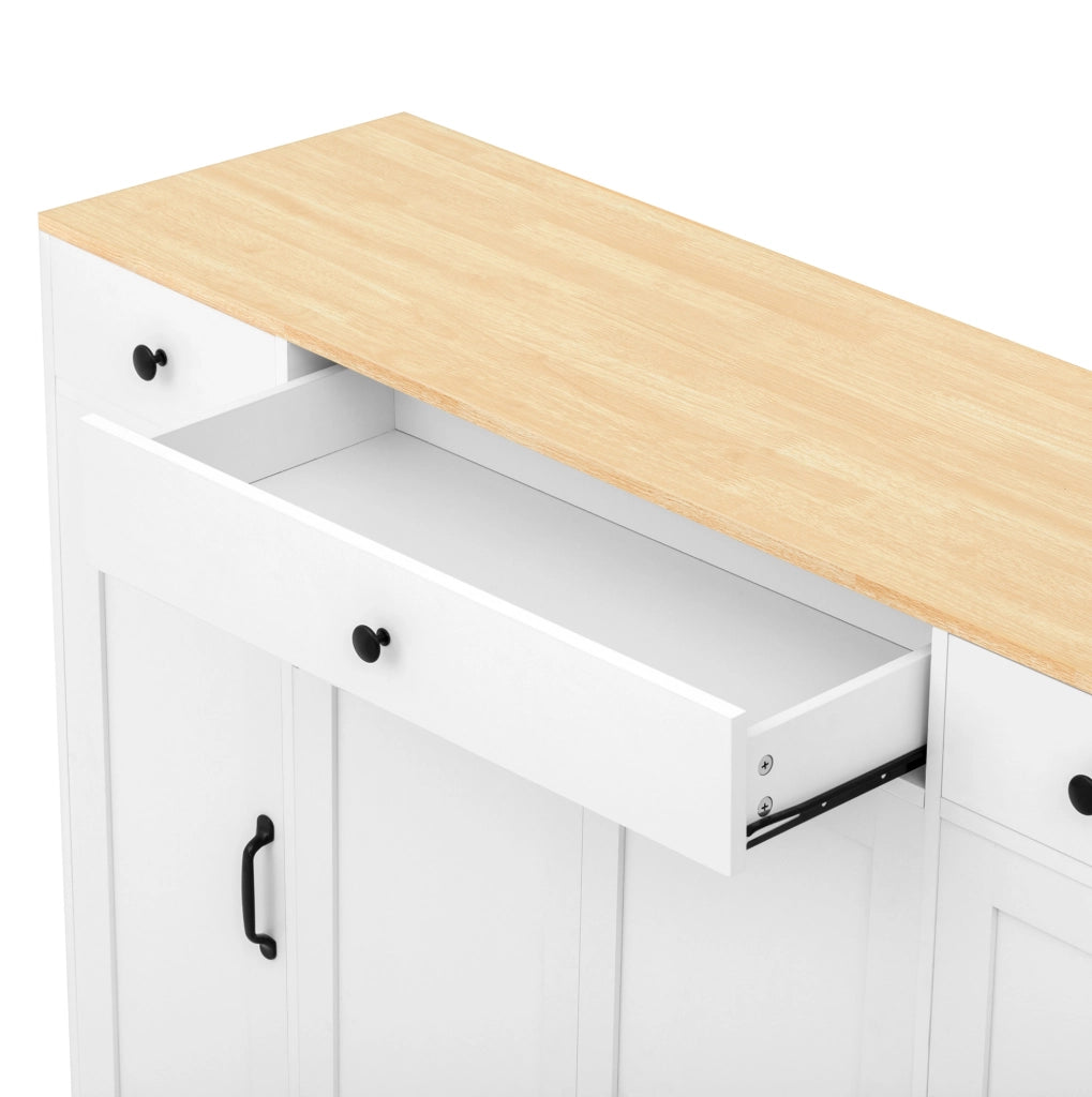 Credenza bianca e color legno con 3 cassetti e 2 ante, 136 × 65 × 90 cm