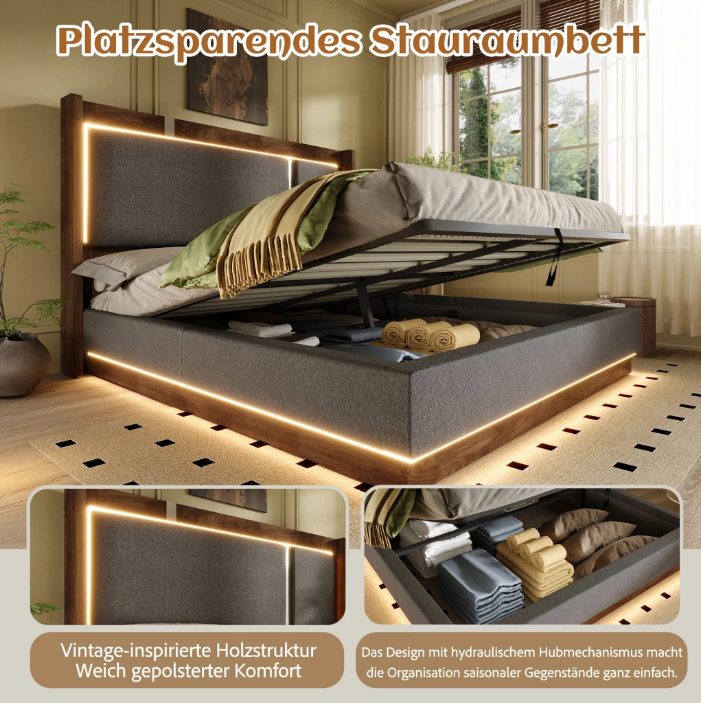 Letto matrimoniale imbottito 180x200 cm con rete a doghe, LED integrati e contenitore, grigio lino e noce, senza materasso