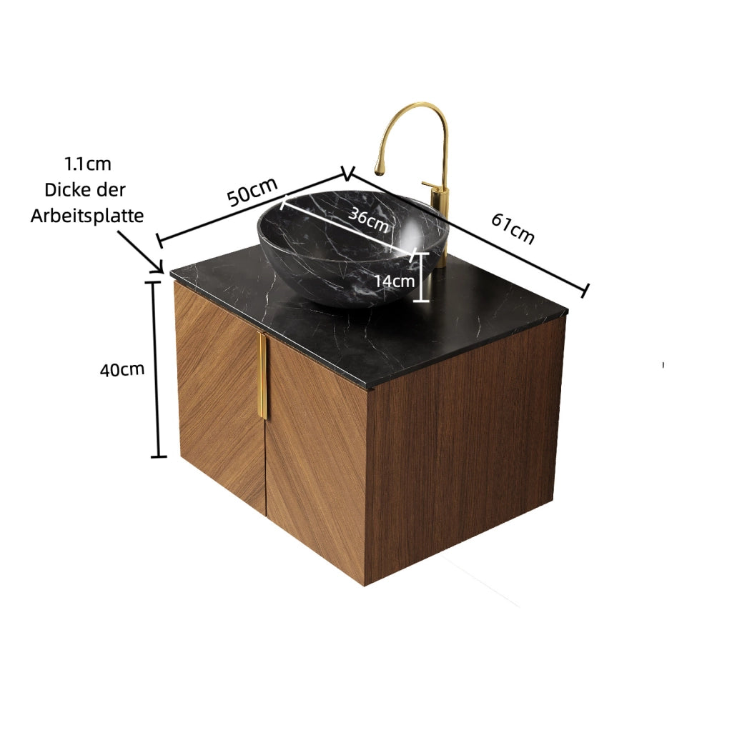 Mobile bagno ULEVR con lavabo da appoggio in ceramica nera, piano in pietra sinterizzata e 2 ante con chiusura ammortizzata