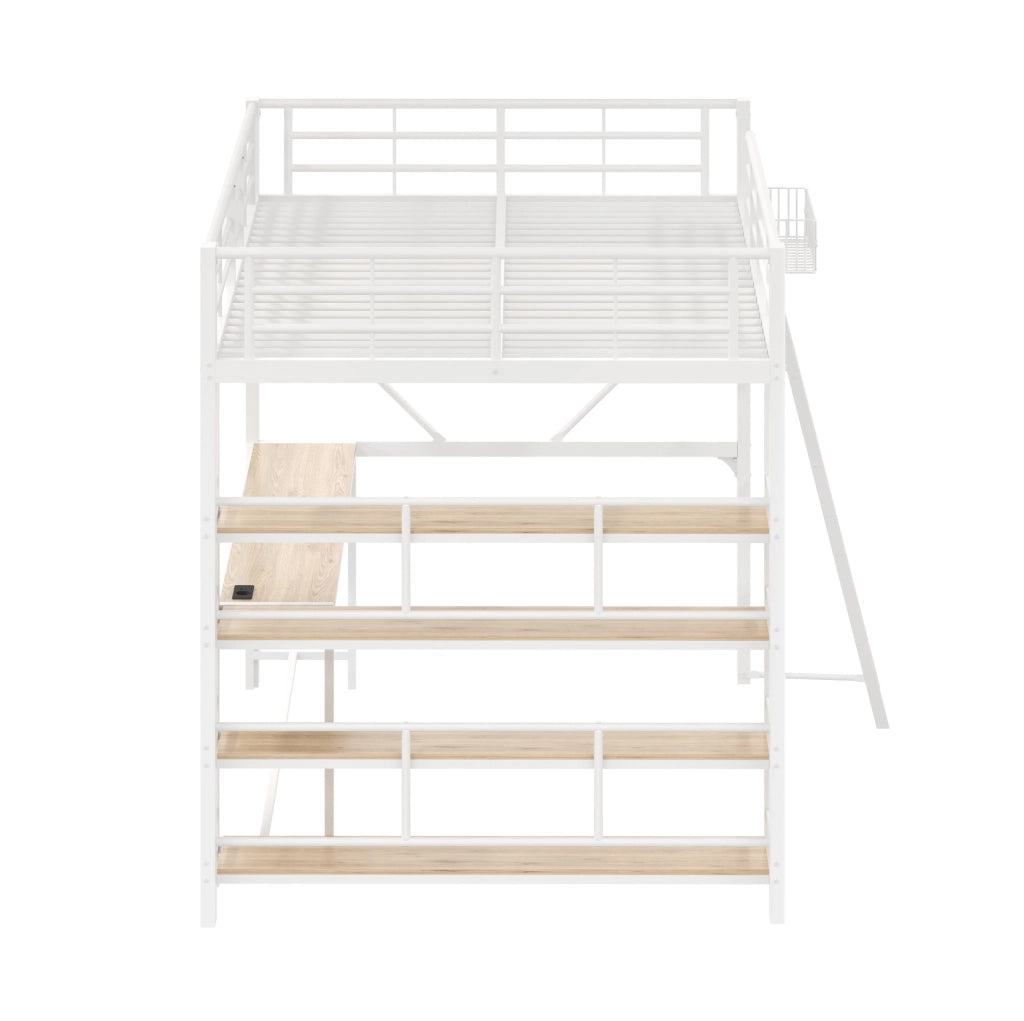 Letto a soppalco in metallo bianco 140x200 cm con scrivania integrata, scaffali, cesta portaoggetti, stazione di ricarica USB e illuminazione LED