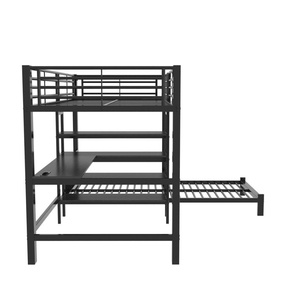 Letto a Castello Matrimoniale 90x200 cm con Scrivania e Porte USB Nero in Ferro e MDF