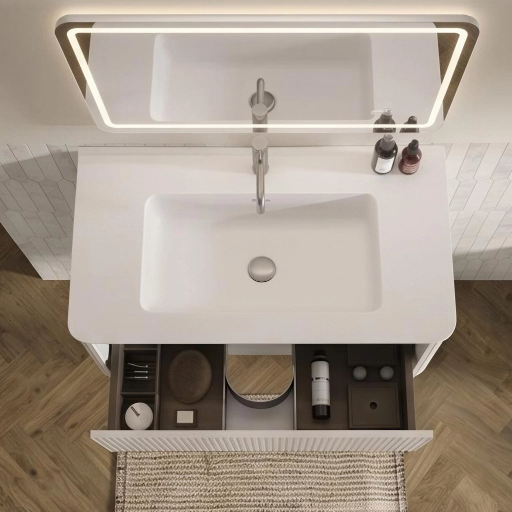 Set mobili bagno sospesi con lavabo in pietra acrilica, mobile laterale e specchio LED regolabile, 80 cm, bianco opaco