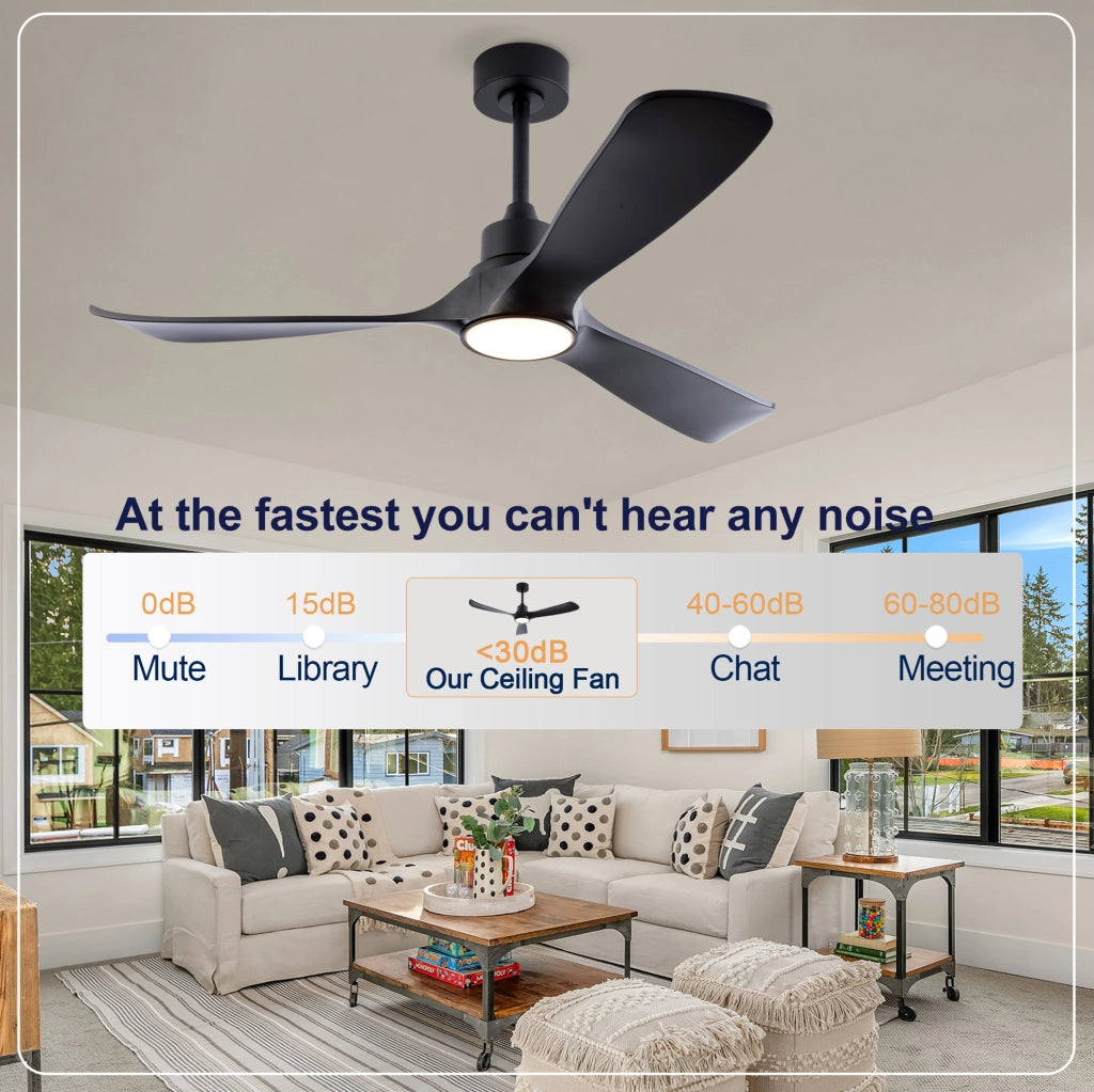 Ventilatore da soffitto 52 pollici con luce LED; telecomando e motore DC reversibile nero