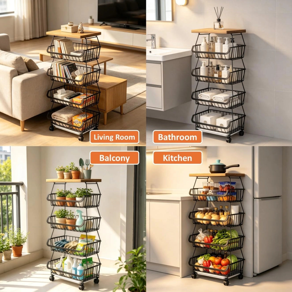Cesti in filo impilabili con ruote, 6 livelli, colore nero, dimensioni 115x40x30 cm
