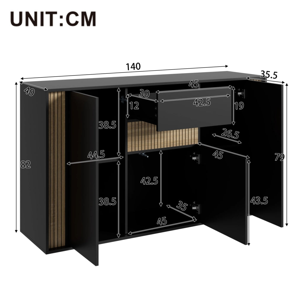 Credenza nera e naturale con 3 ante, cassetto e illuminazione LED, 140 x 40 x 82 cm