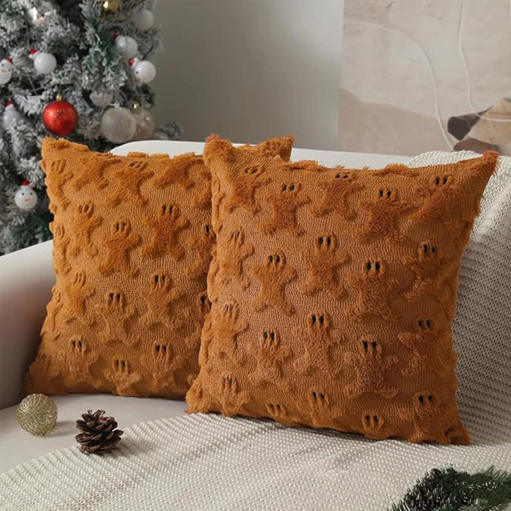 Set di 2 federe per cuscini natalizi, 45x45 cm, con decorazioni a tema: alce e omino di pan di zenzero