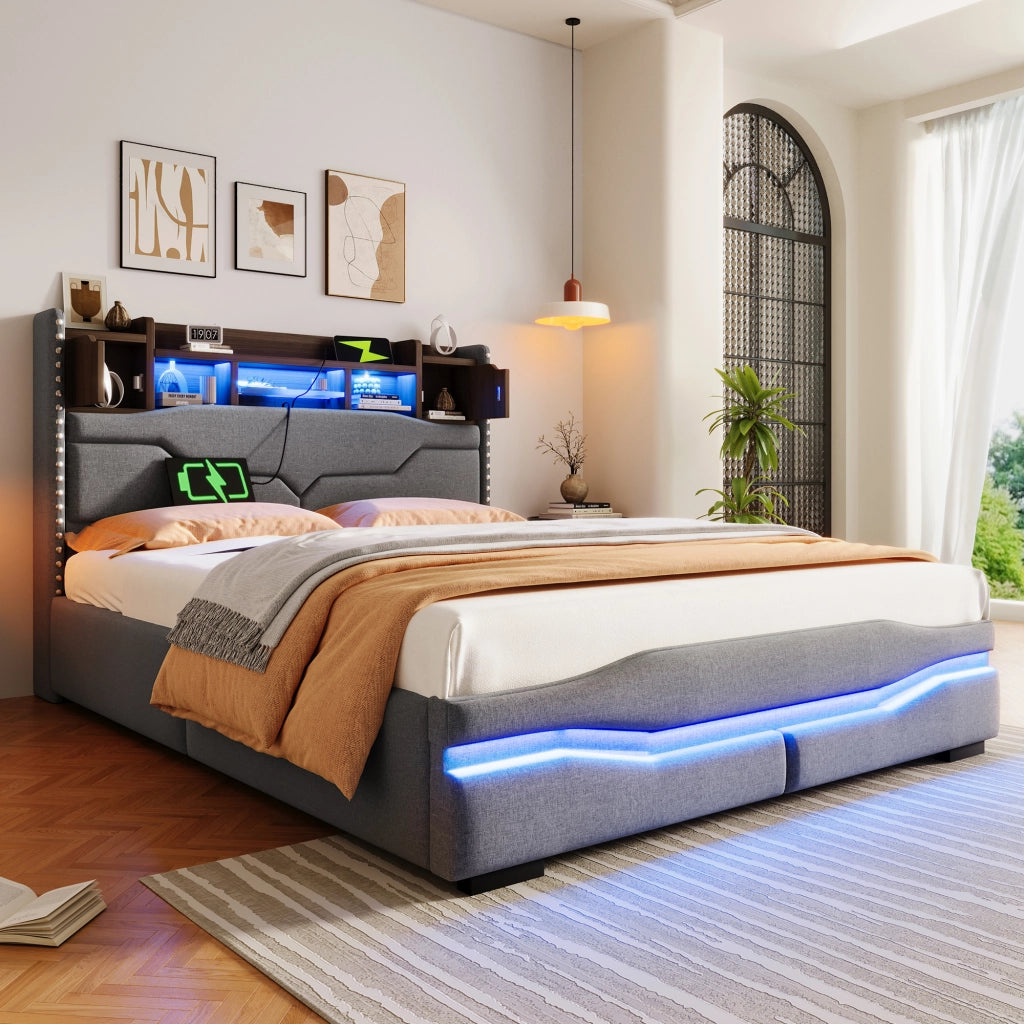 Letto matrimoniale contenitore 140 × 200 cm imbottito in lino con led app usb tipo c prese europee e vano testiera