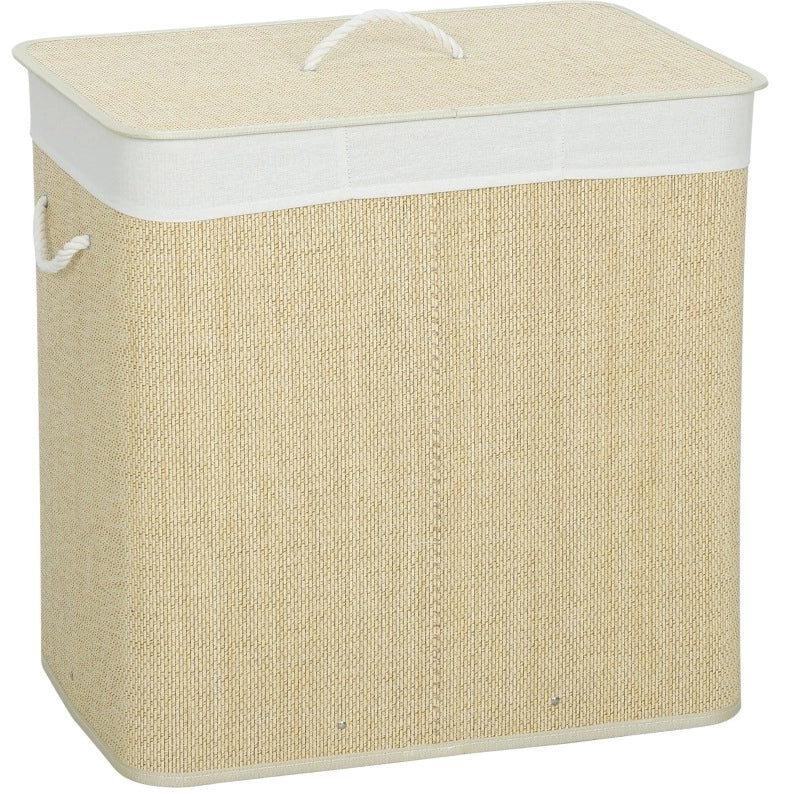 Cesto portabiancheria in bambù color crema da 144 l con coperchio