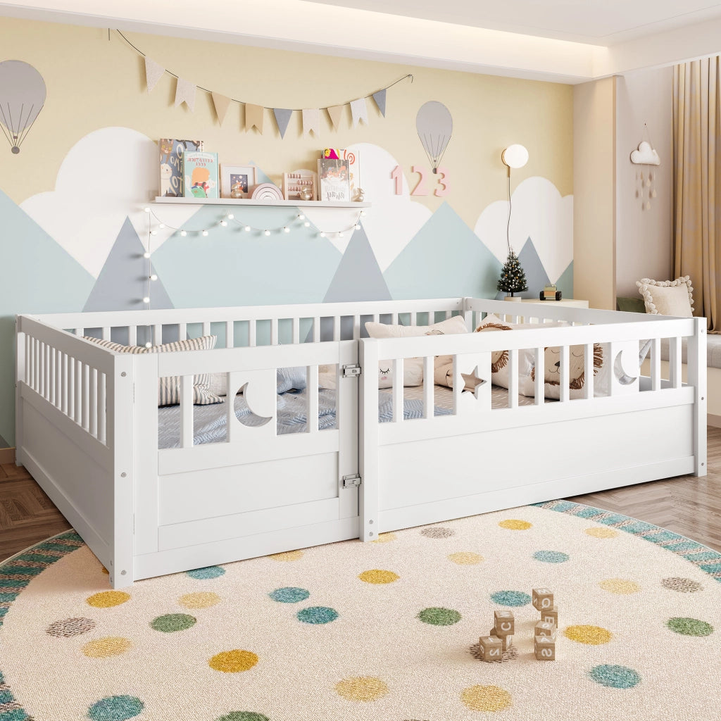 Letto per bambini 140 × 190 cm con sponde di sicurezza in legno bianco decorazioni a stella e luna
